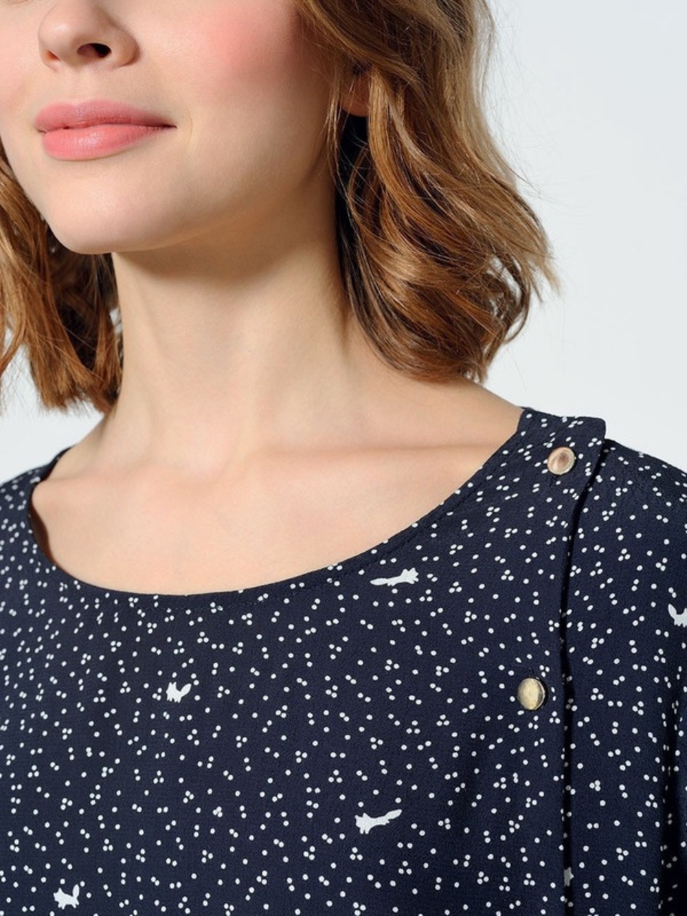 DES PETITS HAUTS Black Long Sleeve Peplum Button Top with White Micro Print - Picture 2 of 15